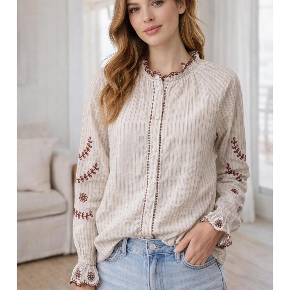 Sienna Ci Linen Embroidered Button Up Blouse M Boho Cottagecore Peasant Top